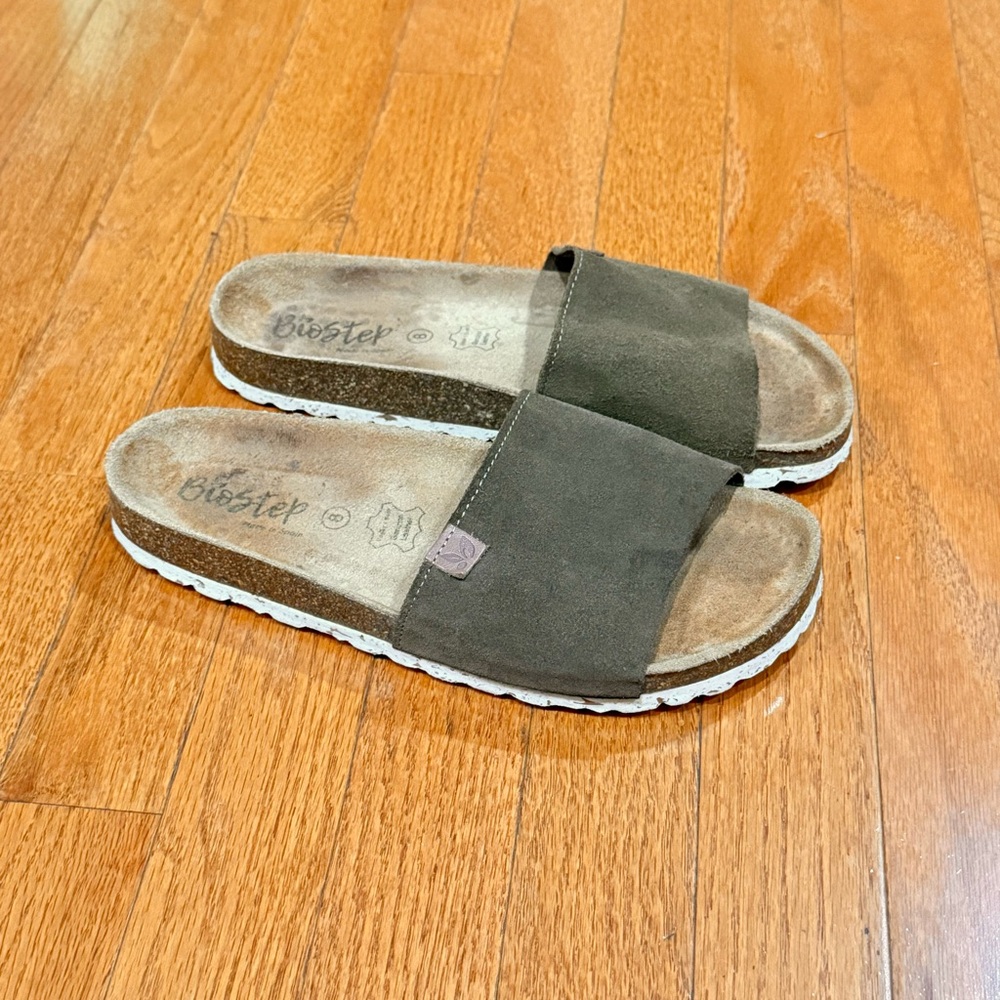 Biostep Suede Slides Sandals Womens 8 Brown Cork Footbed Comfort Made in Spain